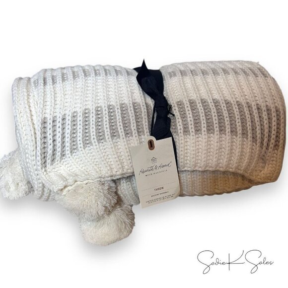 Hearth & Hand Magnolia Border Stripe Rib Knit Throw Blanket Beige Christmas 2023 - Picture 4 of 6
